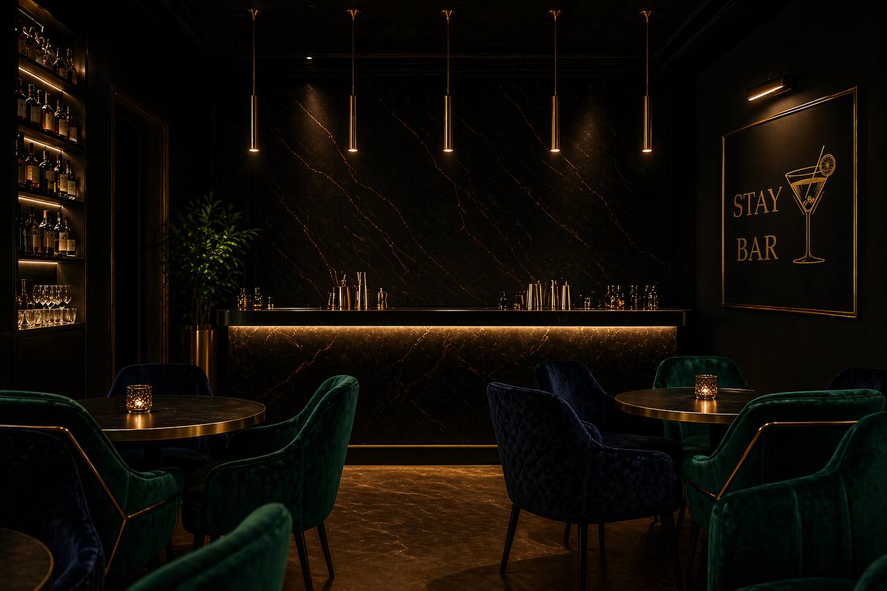 Interiér Stay Bar s barovým pultom